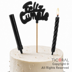 ADORNO DE TORTA SET FELIZ CUMPLE CON BENGALA Y VELA 9 CM GIBRE NEGRO x 1